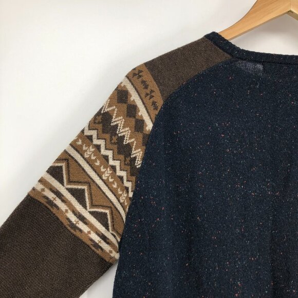 Fairwhale Navy Speckled crewneck sweater contrast stripe  grey brown sleeves Med - Picture 6 of 12